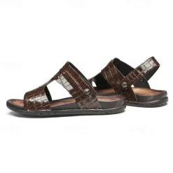 Hot OUKU Men's Brown Crocodile Pattern Sandals with Adjustable Strap, Stylish Design for Casual, Outdoor and Summer Wear