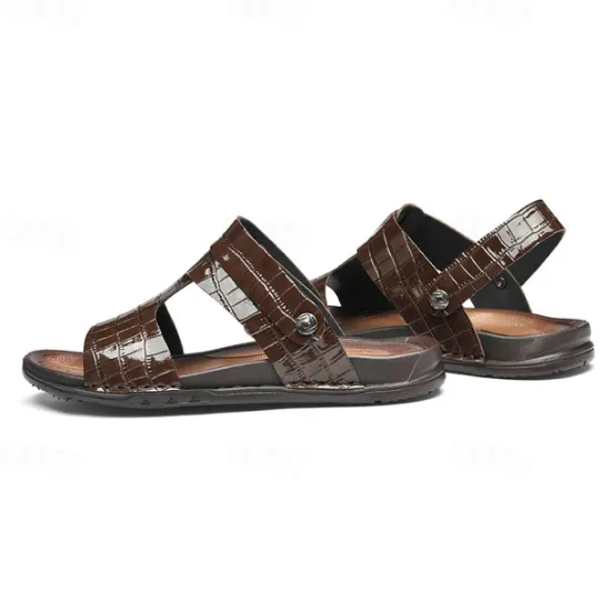 Hot OUKU Men's Brown Crocodile Pattern Sandals with Adjustable Strap, Stylish Design for Casual, Outdoor and Summer Wear