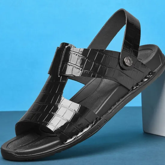 Hot OUKU Men's Brown Crocodile Pattern Sandals with Adjustable Strap, Stylish Design for Casual, Outdoor and Summer Wear