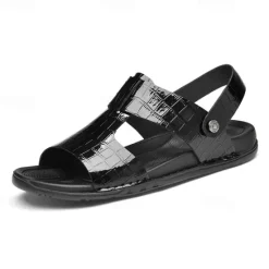 Hot OUKU Men's Brown Crocodile Pattern Sandals with Adjustable Strap, Stylish Design for Casual, Outdoor and Summer Wear