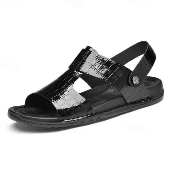 Hot OUKU Men's Brown Crocodile Pattern Sandals with Adjustable Strap, Stylish Design for Casual, Outdoor and Summer Wear