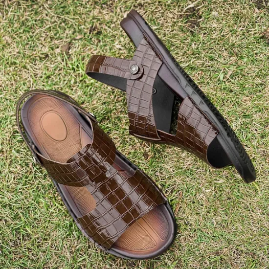 Hot OUKU Men's Brown Crocodile Pattern Sandals with Adjustable Strap, Stylish Design for Casual, Outdoor and Summer Wear