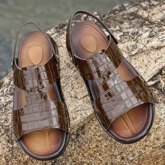 Hot OUKU Men's Brown Crocodile Pattern Sandals with Adjustable Strap, Stylish Design for Casual, Outdoor and Summer Wear