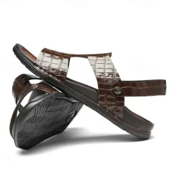 Hot OUKU Men's Brown Crocodile Pattern Sandals with Adjustable Strap, Stylish Design for Casual, Outdoor and Summer Wear