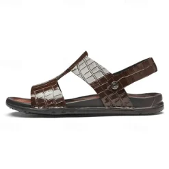Hot OUKU Men's Brown Crocodile Pattern Sandals with Adjustable Strap, Stylish Design for Casual, Outdoor and Summer Wear