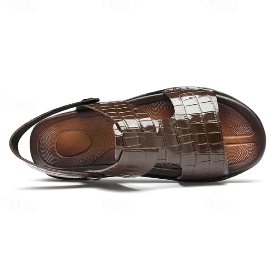 Hot OUKU Men's Brown Crocodile Pattern Sandals with Adjustable Strap, Stylish Design for Casual, Outdoor and Summer Wear
