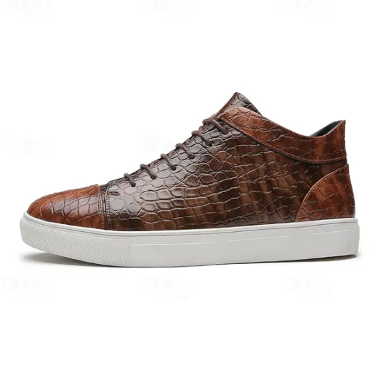 Best OUKU Men's Brown Crocodile Pattern Faux Leather Sneakers with Lace-Up Design and Comfortable White Sole for Casual and Stylish Everyday Wear