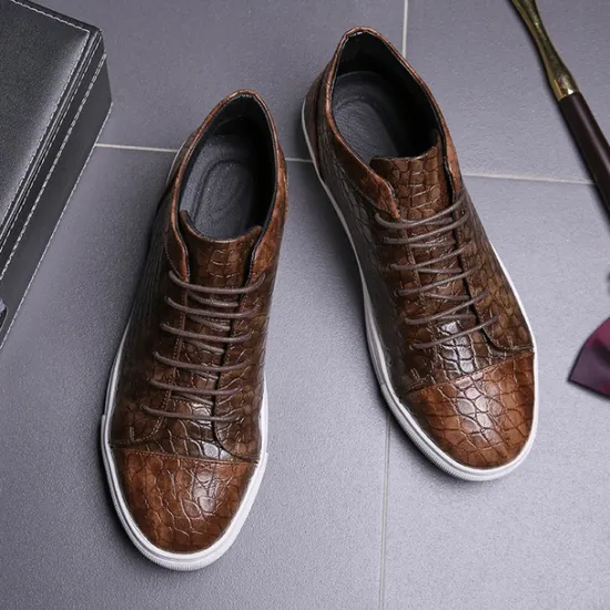 Best OUKU Men's Brown Crocodile Pattern Faux Leather Sneakers with Lace-Up Design and Comfortable White Sole for Casual and Stylish Everyday Wear