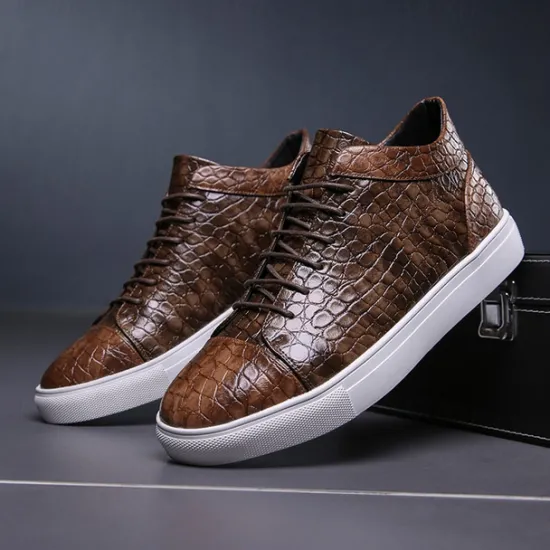 Best OUKU Men's Brown Crocodile Pattern Faux Leather Sneakers with Lace-Up Design and Comfortable White Sole for Casual and Stylish Everyday Wear