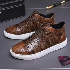 Best OUKU Men's Brown Crocodile Pattern Faux Leather Sneakers with Lace-Up Design and Comfortable White Sole for Casual and Stylish Everyday Wear