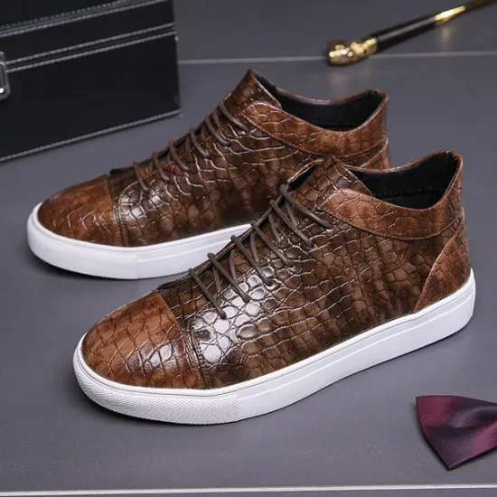 Best OUKU Men's Brown Crocodile Pattern Faux Leather Sneakers with Lace-Up Design and Comfortable White Sole for Casual and Stylish Everyday Wear