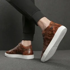Best OUKU Men's Brown Crocodile Pattern Faux Leather Sneakers with Lace-Up Design and Comfortable White Sole for Casual and Stylish Everyday Wear
