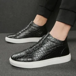 Best OUKU Men's Brown Crocodile Pattern Faux Leather Sneakers with Lace-Up Design and Comfortable White Sole for Casual and Stylish Everyday Wear