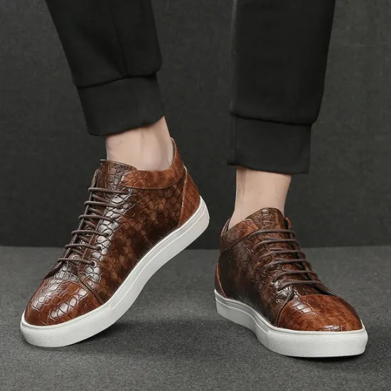 Best OUKU Men's Brown Crocodile Pattern Faux Leather Sneakers with Lace-Up Design and Comfortable White Sole for Casual and Stylish Everyday Wear