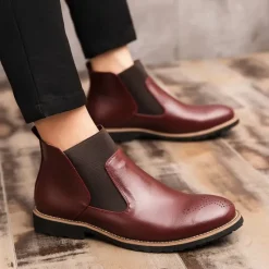 OUKU Men's Brown Faux Leather Chelsea Boots – Stylish Slip-On Ankle Boots with Rugged Tread and Perforated Detailing