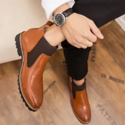 OUKU Men's Brown Faux Leather Chelsea Boots – Stylish Slip-On Ankle Boots with Rugged Tread and Perforated Detailing