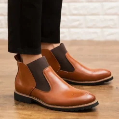 OUKU Men's Brown Faux Leather Chelsea Boots – Stylish Slip-On Ankle Boots with Rugged Tread and Perforated Detailing