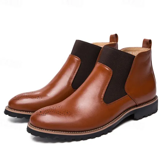 OUKU Men's Brown Faux Leather Chelsea Boots – Stylish Slip-On Ankle Boots with Rugged Tread and Perforated Detailing