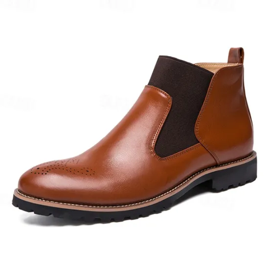 OUKU Men's Brown Faux Leather Chelsea Boots – Stylish Slip-On Ankle Boots with Rugged Tread and Perforated Detailing