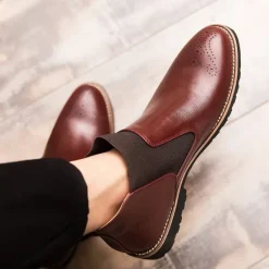 OUKU Men's Brown Faux Leather Chelsea Boots – Stylish Slip-On Ankle Boots with Rugged Tread and Perforated Detailing