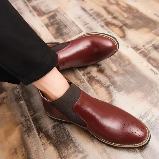 OUKU Men's Brown Faux Leather Chelsea Boots – Stylish Slip-On Ankle Boots with Rugged Tread and Perforated Detailing