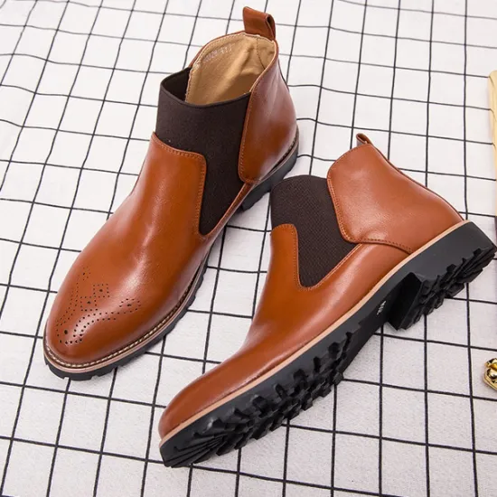 OUKU Men's Brown Faux Leather Chelsea Boots – Stylish Slip-On Ankle Boots with Rugged Tread and Perforated Detailing