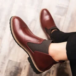 OUKU Men's Brown Faux Leather Chelsea Boots – Stylish Slip-On Ankle Boots with Rugged Tread and Perforated Detailing