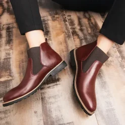 OUKU Men's Brown Faux Leather Chelsea Boots – Stylish Slip-On Ankle Boots with Rugged Tread and Perforated Detailing