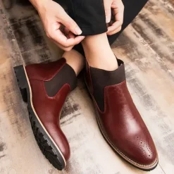 OUKU Men's Brown Faux Leather Chelsea Boots – Stylish Slip-On Ankle Boots with Rugged Tread and Perforated Detailing