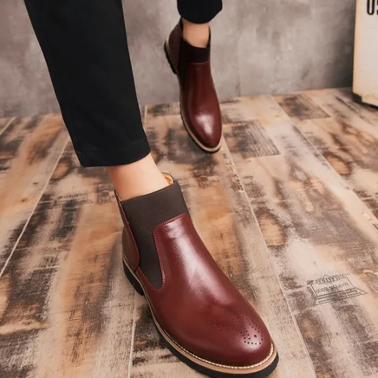 OUKU Men's Brown Faux Leather Chelsea Boots – Stylish Slip-On Ankle Boots with Rugged Tread and Perforated Detailing