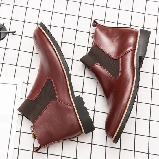 OUKU Men's Brown Faux Leather Chelsea Boots – Stylish Slip-On Ankle Boots with Rugged Tread and Perforated Detailing