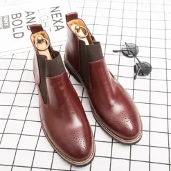 OUKU Men's Brown Faux Leather Chelsea Boots – Stylish Slip-On Ankle Boots with Rugged Tread and Perforated Detailing
