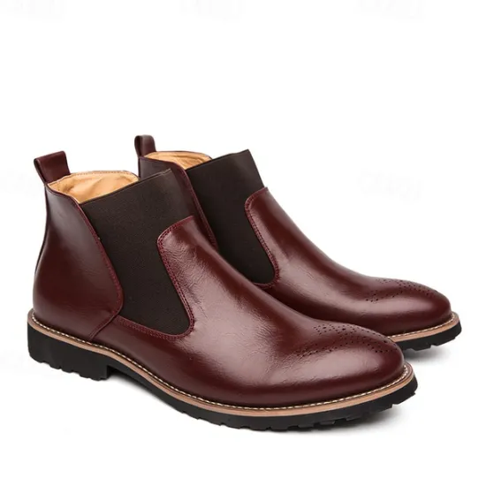 OUKU Men's Brown Faux Leather Chelsea Boots – Stylish Slip-On Ankle Boots with Rugged Tread and Perforated Detailing