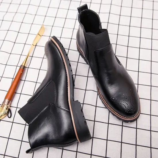 OUKU Men's Brown Faux Leather Chelsea Boots – Stylish Slip-On Ankle Boots with Rugged Tread and Perforated Detailing
