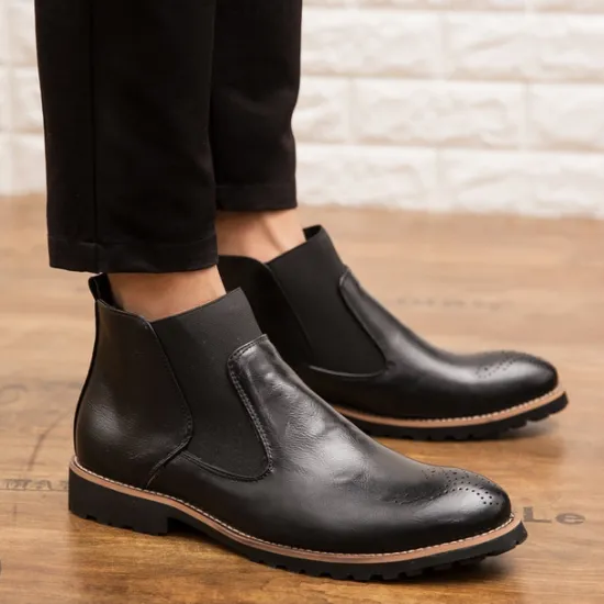 OUKU Men's Brown Faux Leather Chelsea Boots – Stylish Slip-On Ankle Boots with Rugged Tread and Perforated Detailing