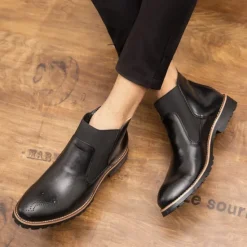 OUKU Men's Brown Faux Leather Chelsea Boots – Stylish Slip-On Ankle Boots with Rugged Tread and Perforated Detailing