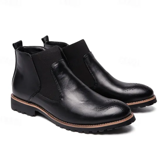 OUKU Men's Brown Faux Leather Chelsea Boots – Stylish Slip-On Ankle Boots with Rugged Tread and Perforated Detailing