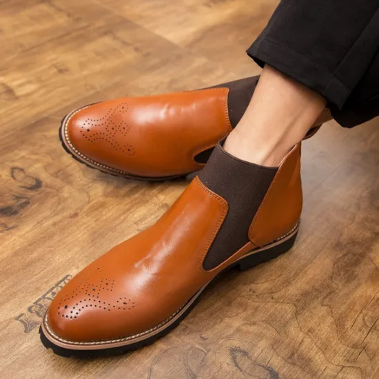 OUKU Men's Brown Faux Leather Chelsea Boots – Stylish Slip-On Ankle Boots with Rugged Tread and Perforated Detailing