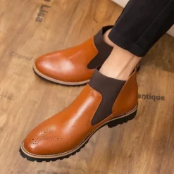 OUKU Men's Brown Faux Leather Chelsea Boots – Stylish Slip-On Ankle Boots with Rugged Tread and Perforated Detailing