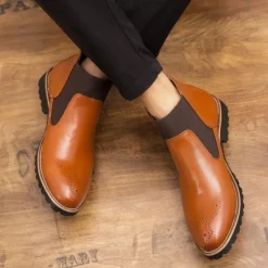 OUKU Men's Brown Faux Leather Chelsea Boots – Stylish Slip-On Ankle Boots with Rugged Tread and Perforated Detailing