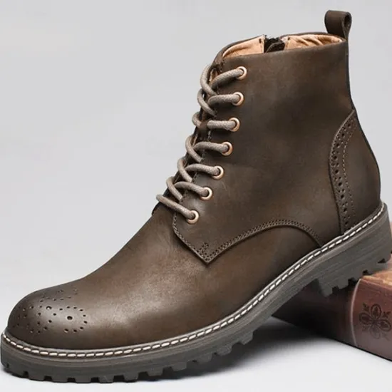 Outlet OUKU Men's Brown Faux Leather Lace-Up Ankle Boots with Brogue Detail and Rugged Sole – Classic and Durable Outdoor Style