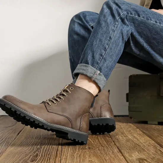 Outlet OUKU Men's Brown Faux Leather Lace-Up Ankle Boots with Brogue Detail and Rugged Sole – Classic and Durable Outdoor Style