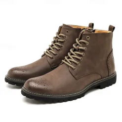 Outlet OUKU Men's Brown Faux Leather Lace-Up Ankle Boots with Brogue Detail and Rugged Sole – Classic and Durable Outdoor Style