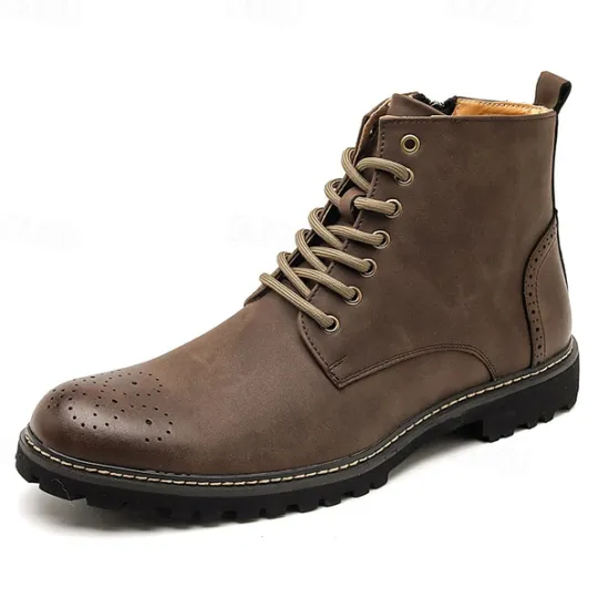 Outlet OUKU Men's Brown Faux Leather Lace-Up Ankle Boots with Brogue Detail and Rugged Sole – Classic and Durable Outdoor Style