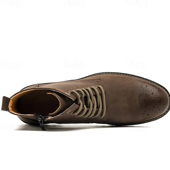 Outlet OUKU Men's Brown Faux Leather Lace-Up Ankle Boots with Brogue Detail and Rugged Sole – Classic and Durable Outdoor Style