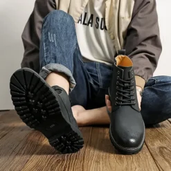 Outlet OUKU Men's Brown Faux Leather Lace-Up Ankle Boots with Brogue Detail and Rugged Sole – Classic and Durable Outdoor Style
