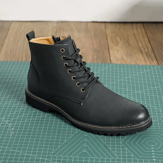 Outlet OUKU Men's Brown Faux Leather Lace-Up Ankle Boots with Brogue Detail and Rugged Sole – Classic and Durable Outdoor Style