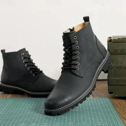 Outlet OUKU Men's Brown Faux Leather Lace-Up Ankle Boots with Brogue Detail and Rugged Sole – Classic and Durable Outdoor Style