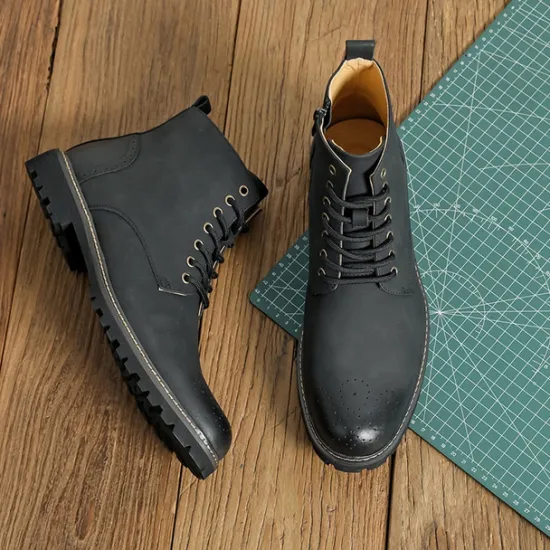Outlet OUKU Men's Brown Faux Leather Lace-Up Ankle Boots with Brogue Detail and Rugged Sole – Classic and Durable Outdoor Style