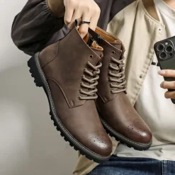 Outlet OUKU Men's Brown Faux Leather Lace-Up Ankle Boots with Brogue Detail and Rugged Sole – Classic and Durable Outdoor Style